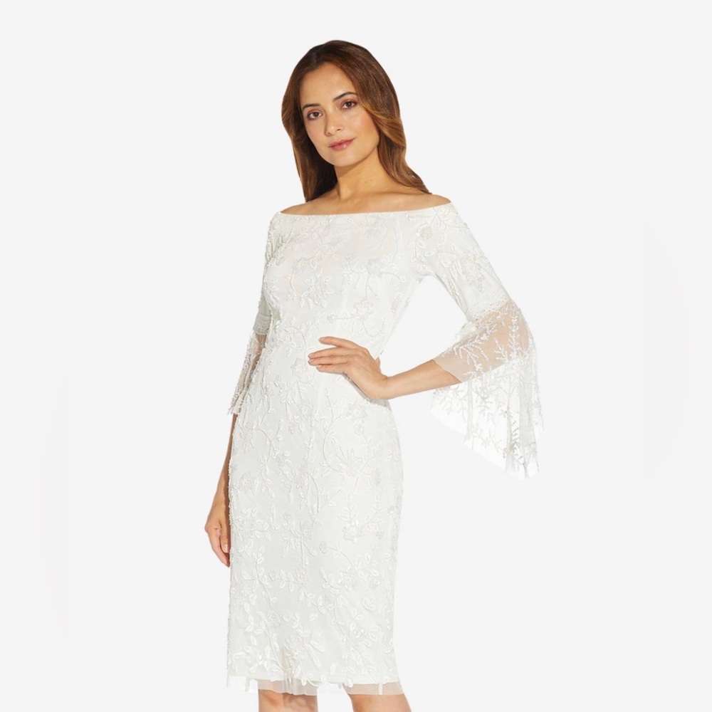 Adrianna Papell Off-Shoulder Sequin Beaded Floral Dress 3/4 Bell Sleeves NWT - Picture 3 of 16